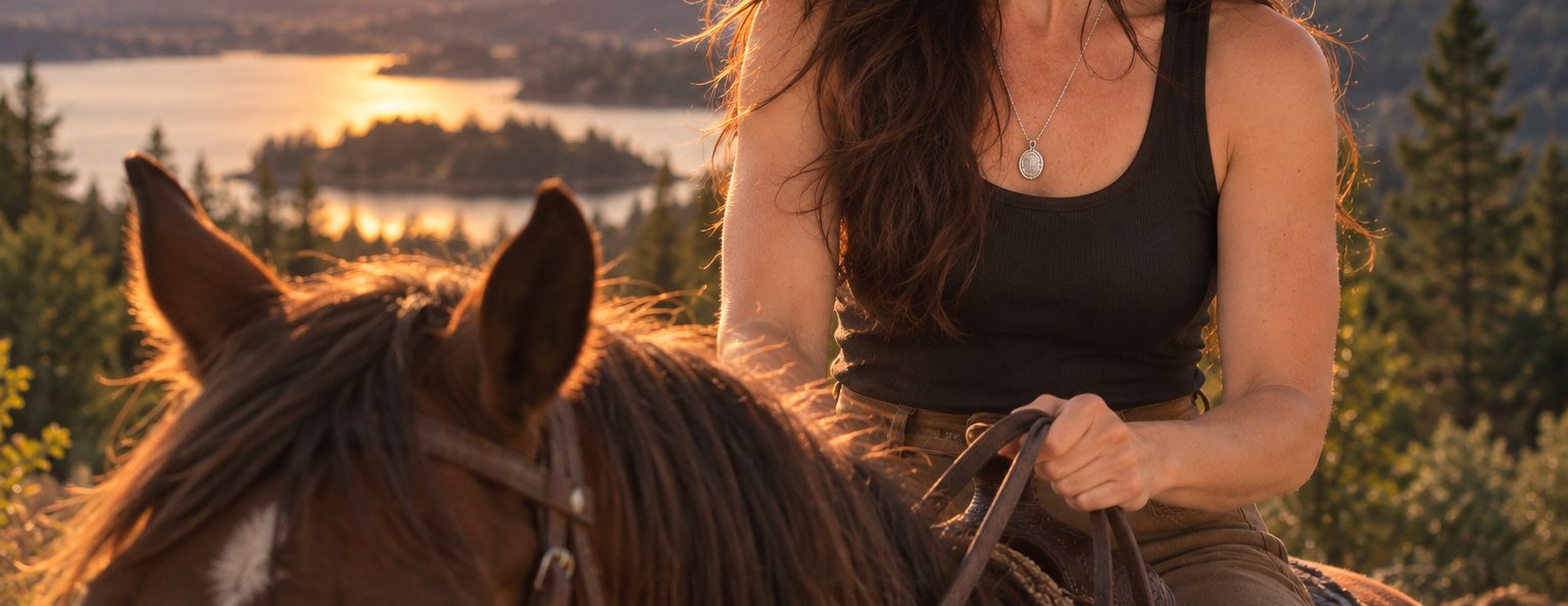 Hands holding the reins of a chestnut horse above a lake at sunset