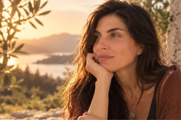 Brandy Nielson resting her chin in her hand, looking out over a lake at golden hour