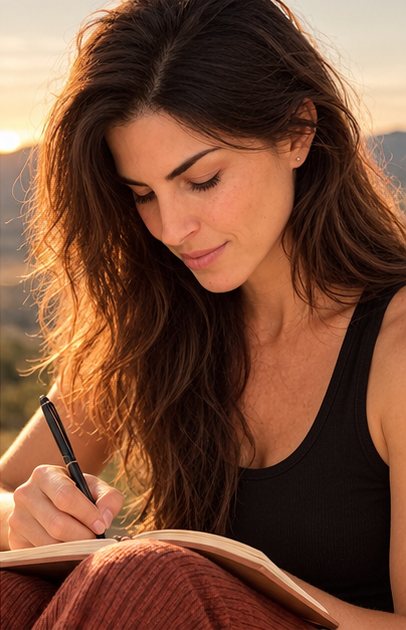 Brandy writing in a journal outdoors in late afternoon light